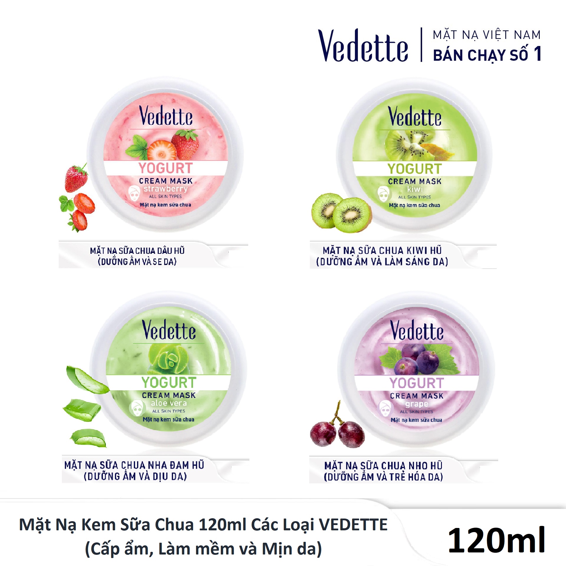 Mặt Nạ Kem Sữa Chua 120ml Các Loại VEDETTE - Cấp ẩm, Làm mềm và Mịn da