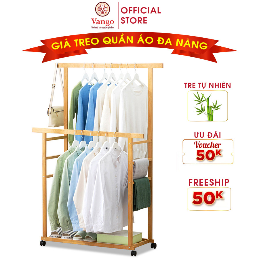 Giá kệ treo quần áo thông minh VANGO V21 gỗ tre tự nhiên cao cấp, có chỗ để giày dép tiện lợi, sơn phủ bóng sang trọng, chống nước cực tốt