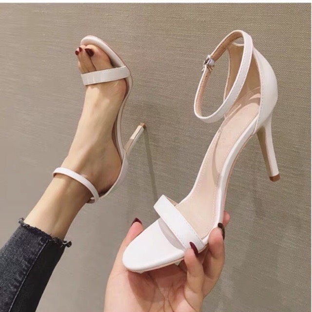 Giày sandal cao gót quai mảnh da lì gót nhọn 9cm, sandal ngọc trinh-355
