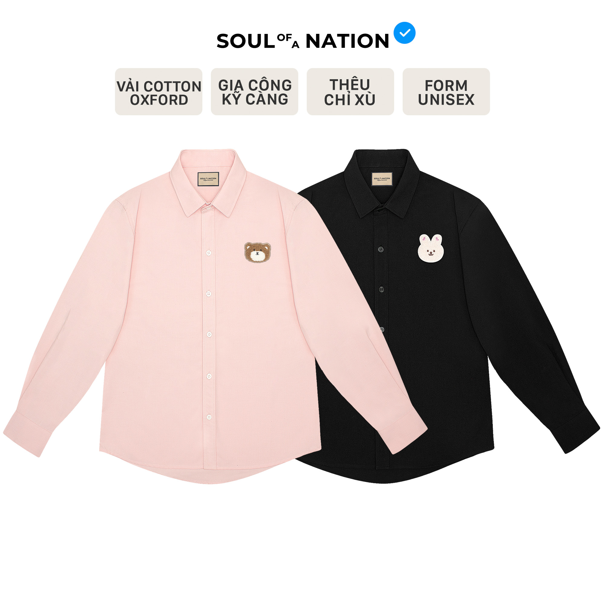Áo sơ mi patch thêu xù gấu misa/thỏ trắng xinh unisex cao cấp form basic soul of a ntion - đen/ hồng/ xanh dương