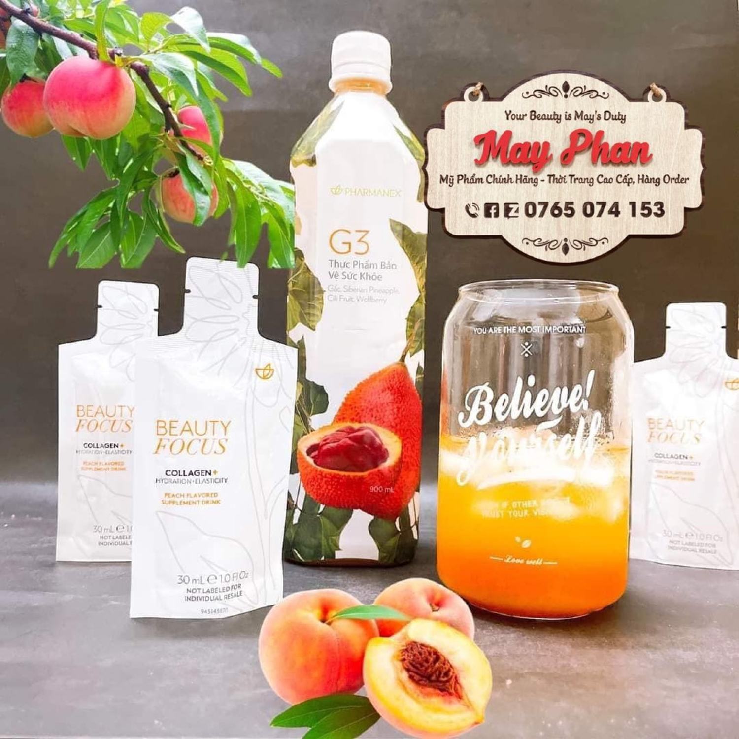 Collagen Plus Nuskin dạng nước vị đào Beauty Focus dạng bột vị cam Inner Focus Collagen Plus
