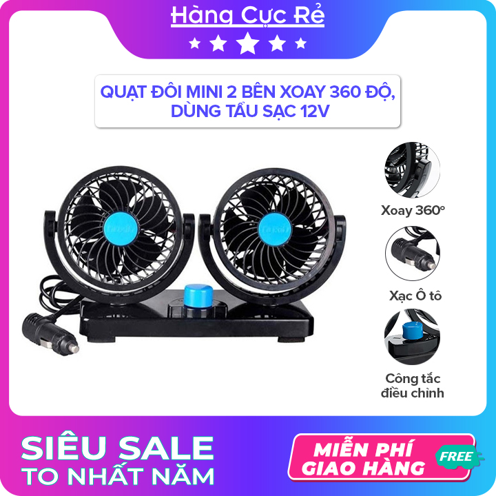 Quạt Đôi Mini 2 bên xoay 360 độ, dùng tẩu sạc 12V chuyên dụng trên ÔTÔ - Shop Hàng Cực Rẻ
