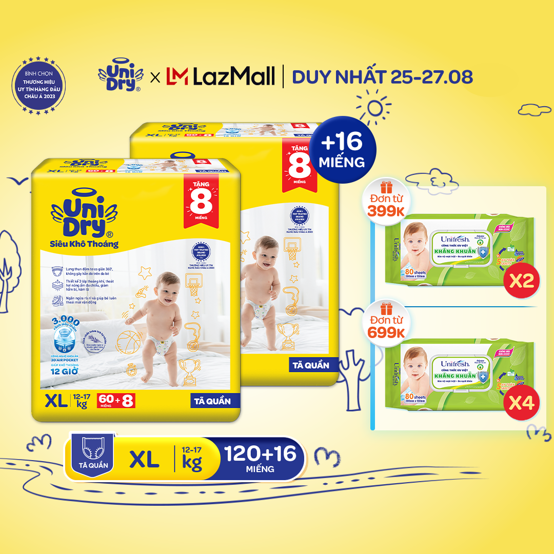 [HỎA TỐC] Combo 2 Tã quần UniDry Siêu khô thoáng gói  Super Jumbo mới size M76/L68/XL60/XXL54+ 8 miếng
