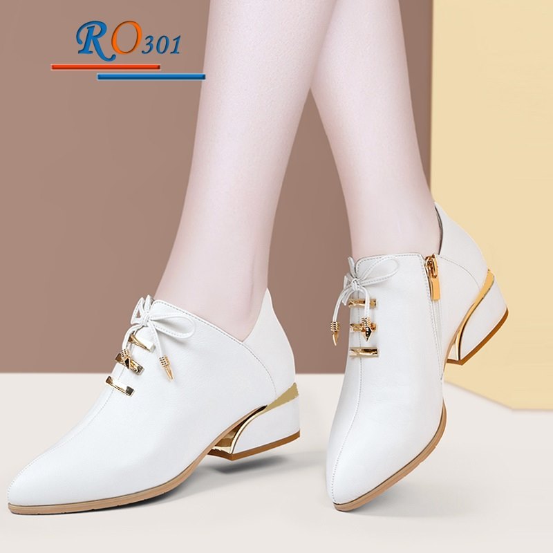 [HCM]Giày boot nữ công sở cổ thấp dây buộc mũi nhọn gót kiểu 4p sành điệu RO301 - Đổi hàng nếu không ưng ý - Bảo hành 12 tháng