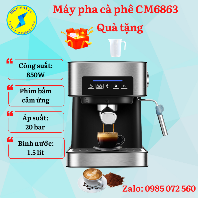 Máy pha cà phê CM6863 - 20 bar - chế độ pha 1 ly và 2 ly -máy pha cafe tự động- chuẩn vị espresso - Hướng dẫn tiếng việt - có bảo hành