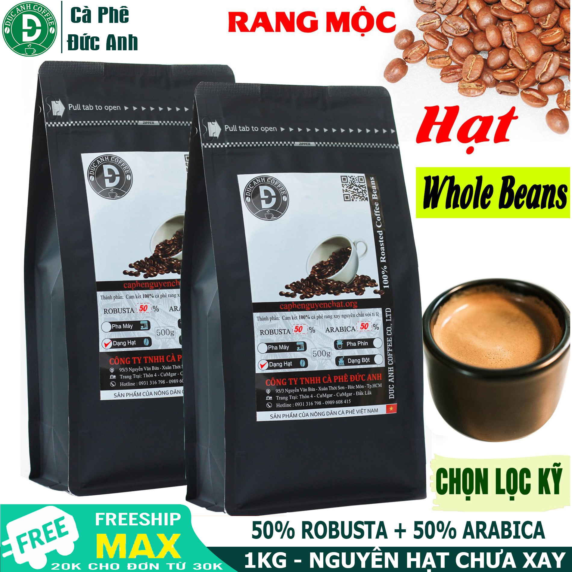 1kg cà phê rang mộc nguyên chất DUC ANH COFFEE tỷ lệ 5-5 (50% Robusta + 50% Arabica) - dạng NGUYÊN HẠT - thơm ngon - đậm đắng - chua nhẹ - cafe đức anh - bán hàng trực tiếp - giao hàng nhanh chóng - whole beans coffee