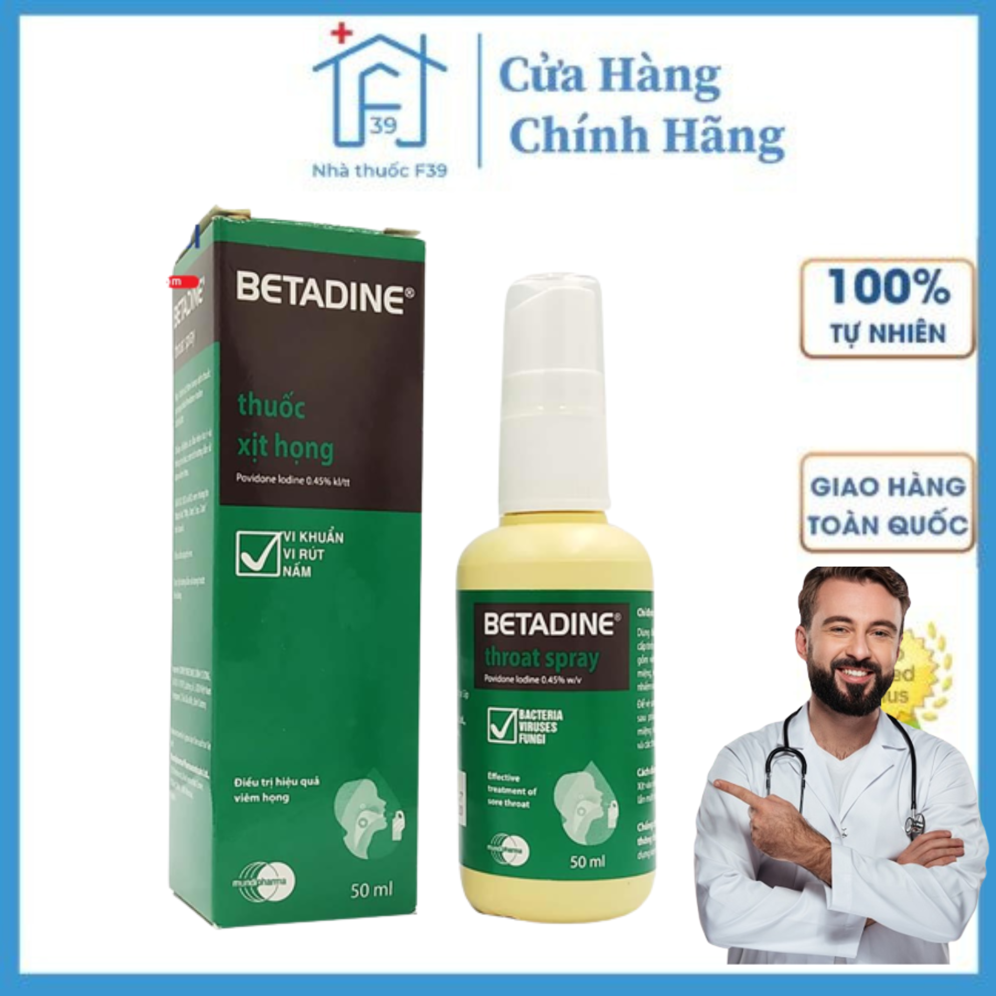 Betadine xịt họng, Dung dịch xịt họng Betadine -giúp làm sạch răng miệng, kháng khuẩn, khử mùi hôi, giảm ho, đau rát cổ họng- NHATHUOCF39
