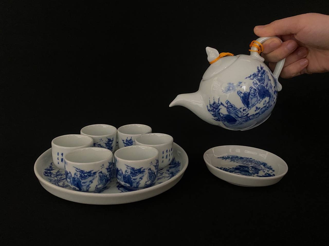 Bộ 6 chén, ly uống trà cảnh trúc lâm thất hiền men lam gải cổ, ấm chén bát tràng