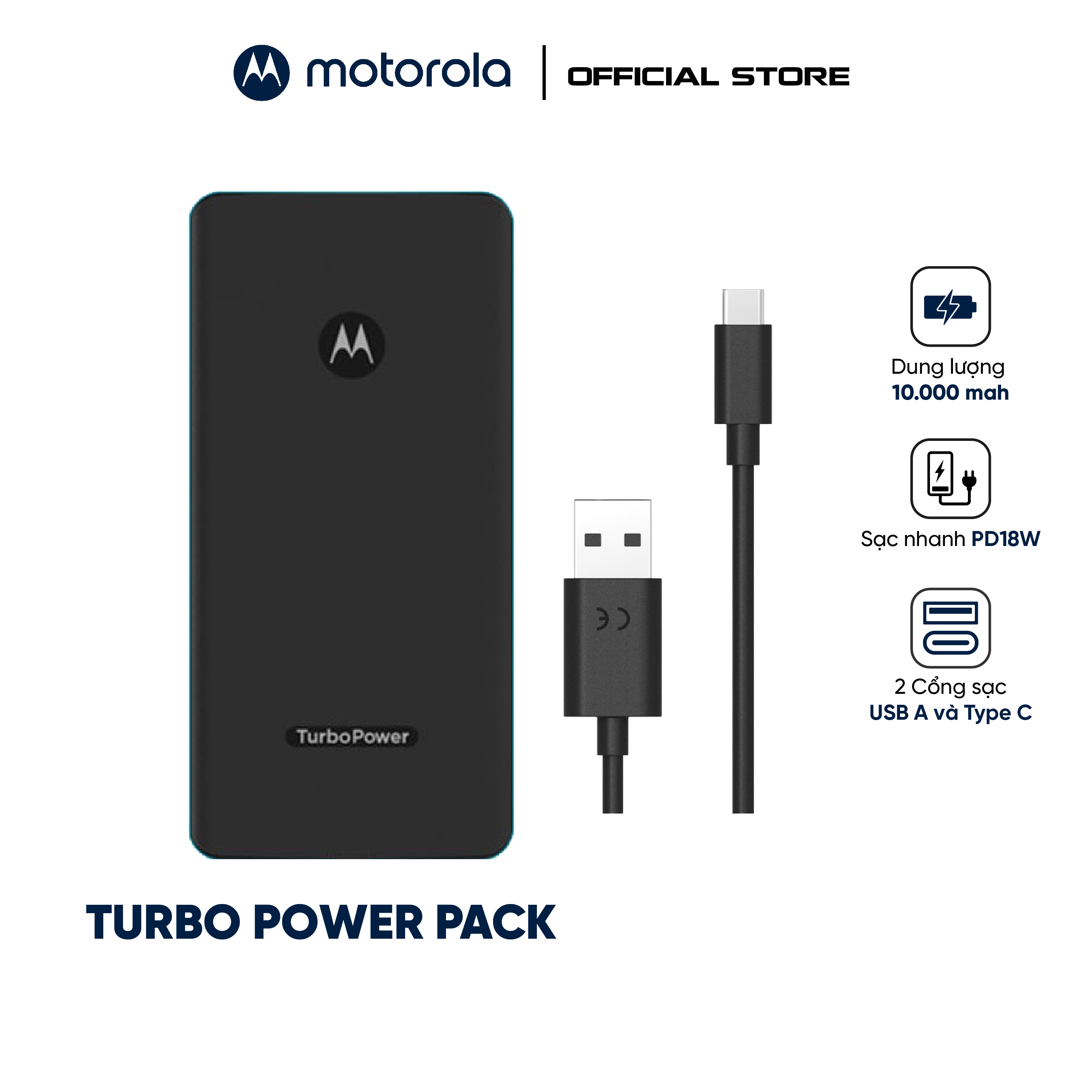 Pin sạc dự phòng TurboPower Pack 10000 - Motorola - Sạc nhanh QC3.0 - PD18W - đi kèm cáp A2C- Sạc cùng lúc 2 thiết bị- phone, samsung, oppo, vivo, redmi,...dễ dàng mang đi du lịch