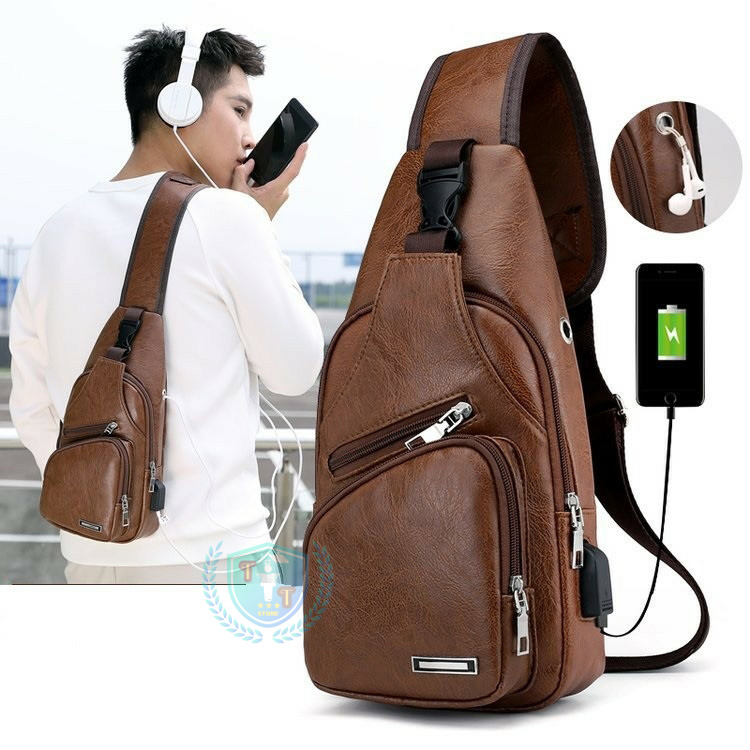Túi đeo chéo cho nam phong cách Hàn Quốc, chất liệu da mềm mại, bền bỉ có chỗ gắn sạc tai nghe tiện lợi.