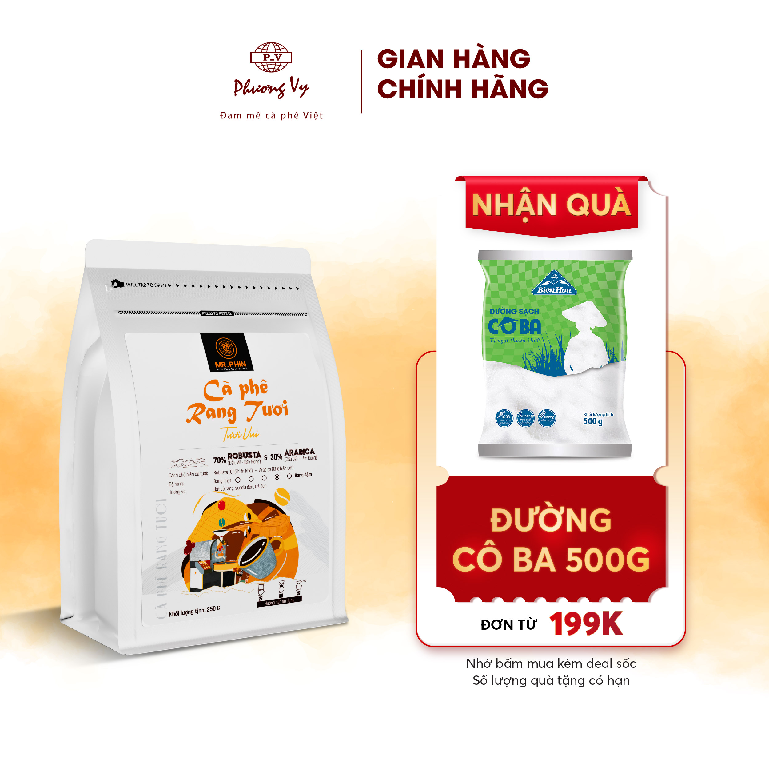 Cà phê nguyên chất tươi vui 250g, 100% cà phê hạt vừa mới rang, mr. phin coffee