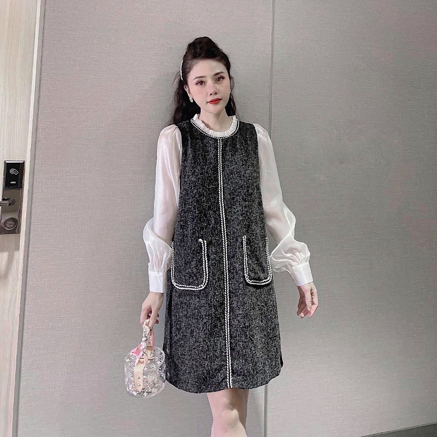 [Yến Trần] Đầm - Váy Dạ Phối Tay Sơ Mi, 2 Túi Trước - Hàng Chuẩn Bán Shop