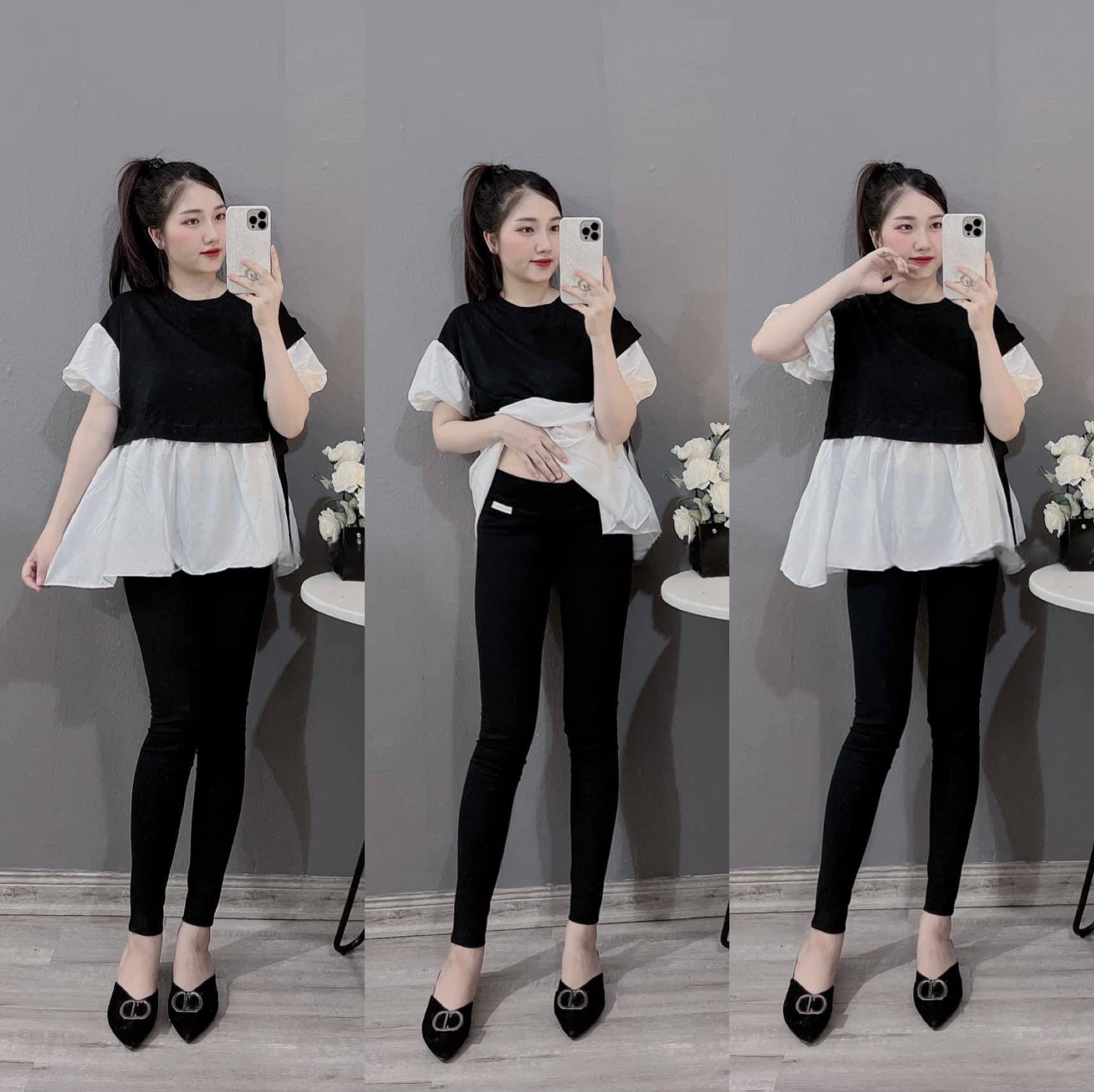 Áo bầu trắng đen công sở thắt nơ eo a091