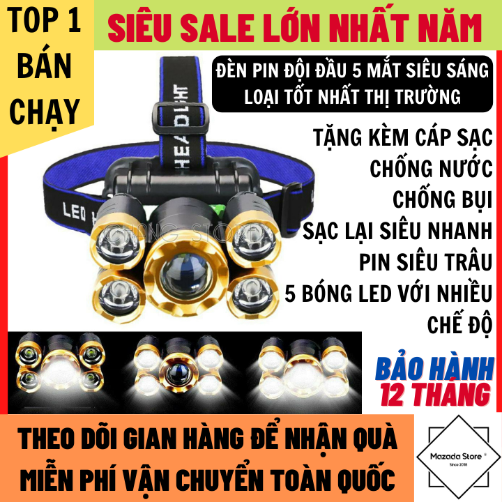 Đèn Pin Đội Đầu Siêu Sáng 5 Mắt Bản Mới Bóng To Hơn, Sáng Hơn, Chống Nước Chống Bụi Tiêu Chuẩn, Đèn Pin Đội Đầu, Đèn Pin Siêu Sáng