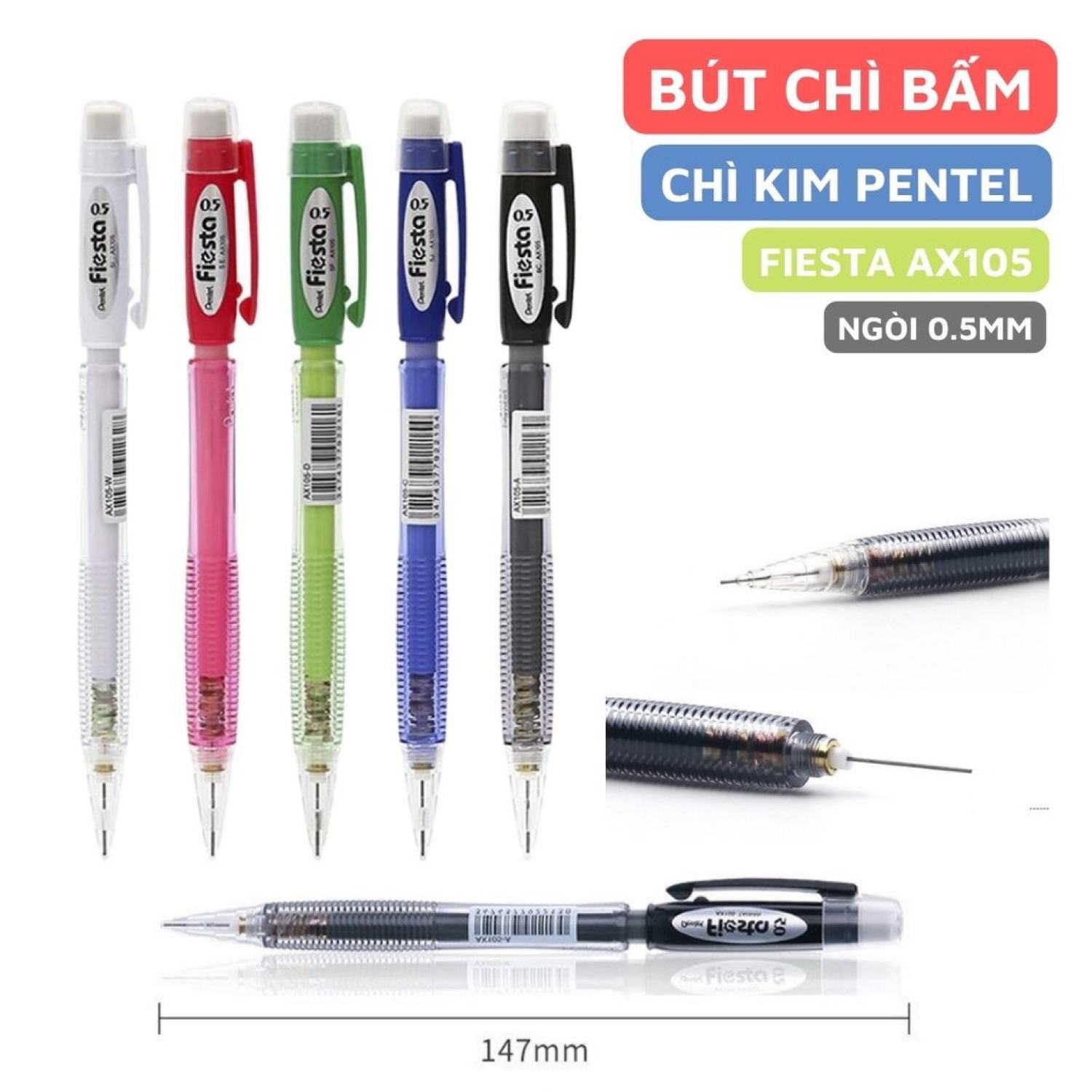 Bút Chì Bấm Pentel Bút Chì Kim Pentel Fiesta AX105 Nhiều Màu Ngòi 0.5mm