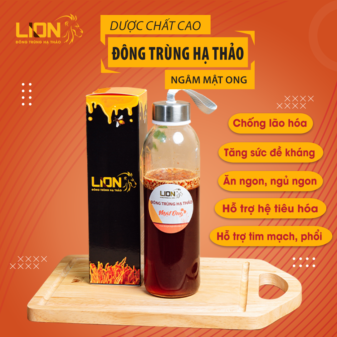 Mật Ong ngâm Đông Trùng Hạ Thảo LION 500ml (Mật tự nhiên nguyên chất) Giảm ho, hen suyễn, viêm phổi - Giúp đẹp da, ngủ ngon, chống lão hóa