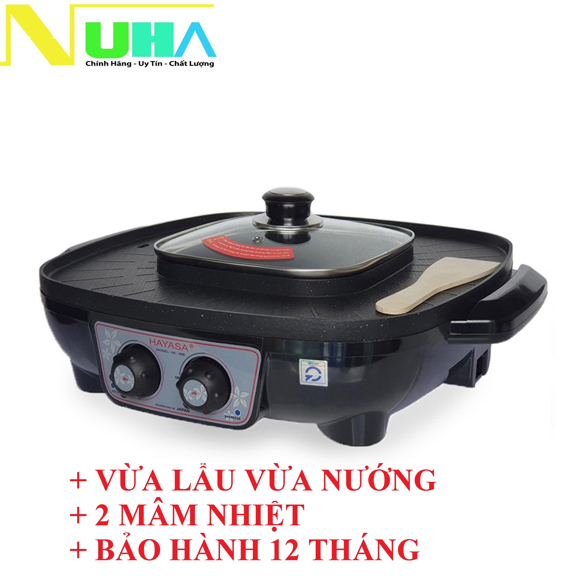 Nồi Lẩu Điện Nướng Vuông 2 trong 1 Cao Cấp Đa Năng Hayasa HA-688-Hàng chính hãng_hàng chính hãng