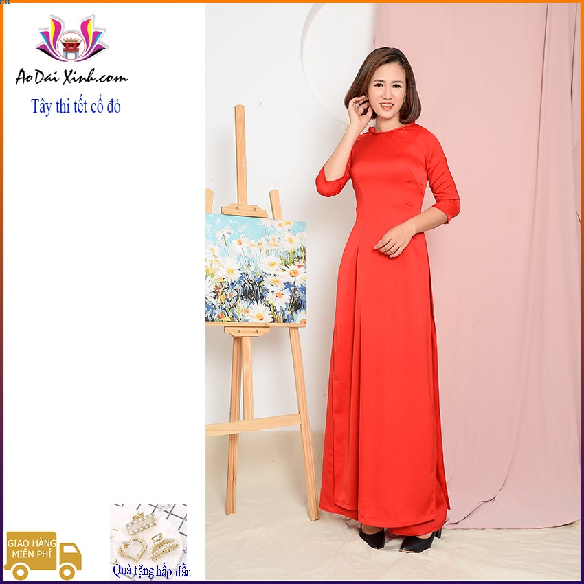 Bộ áo dài truyền thống, Cổ tròn tay lỡ, Lụa cao cấp.