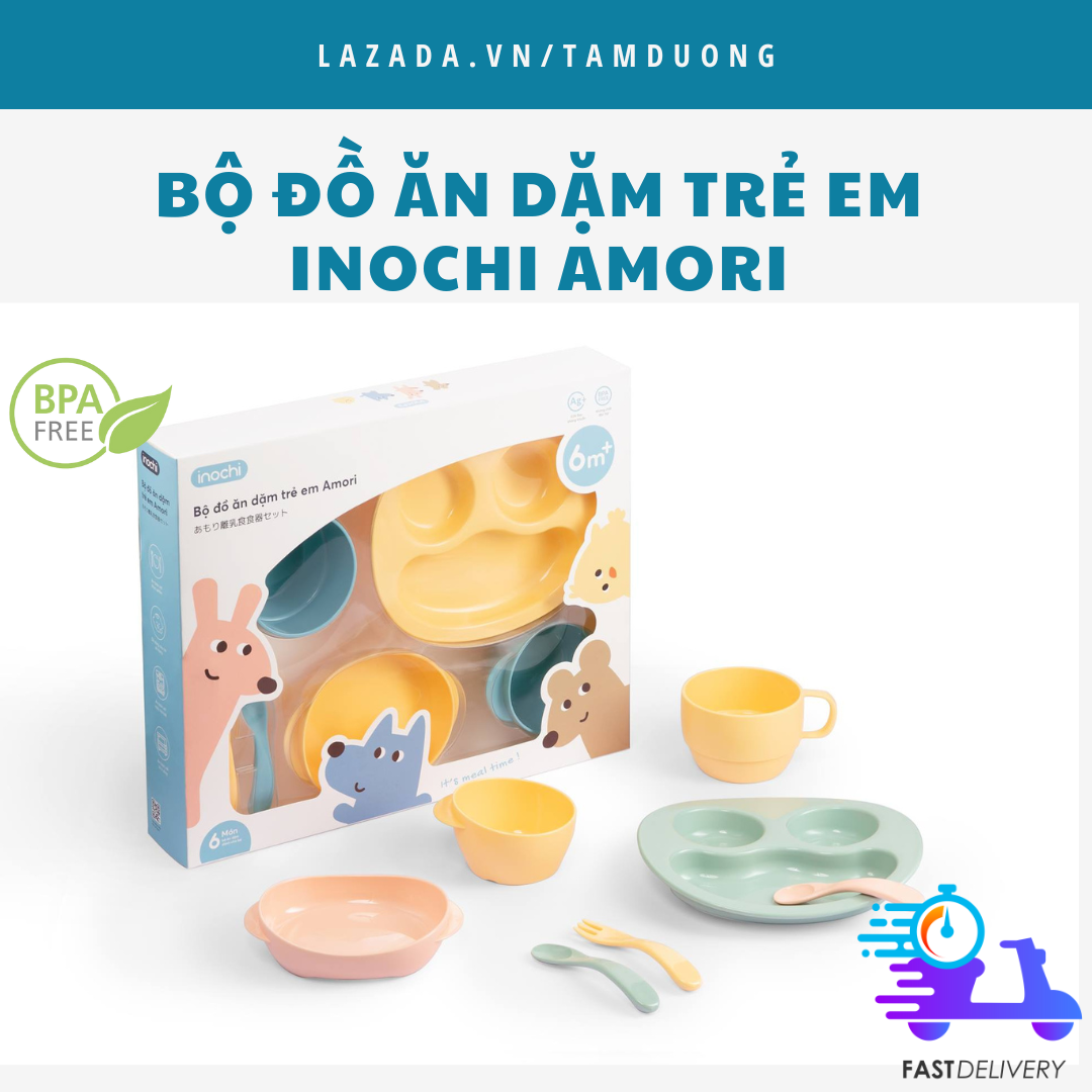 Bộ đồ ăn dặm trẻ em Inochi (Gồm: Muỗng, Nĩa, Bát, Đĩa, Khay, Cốc) dành cho bé từ 6 - 12 tháng tuổi