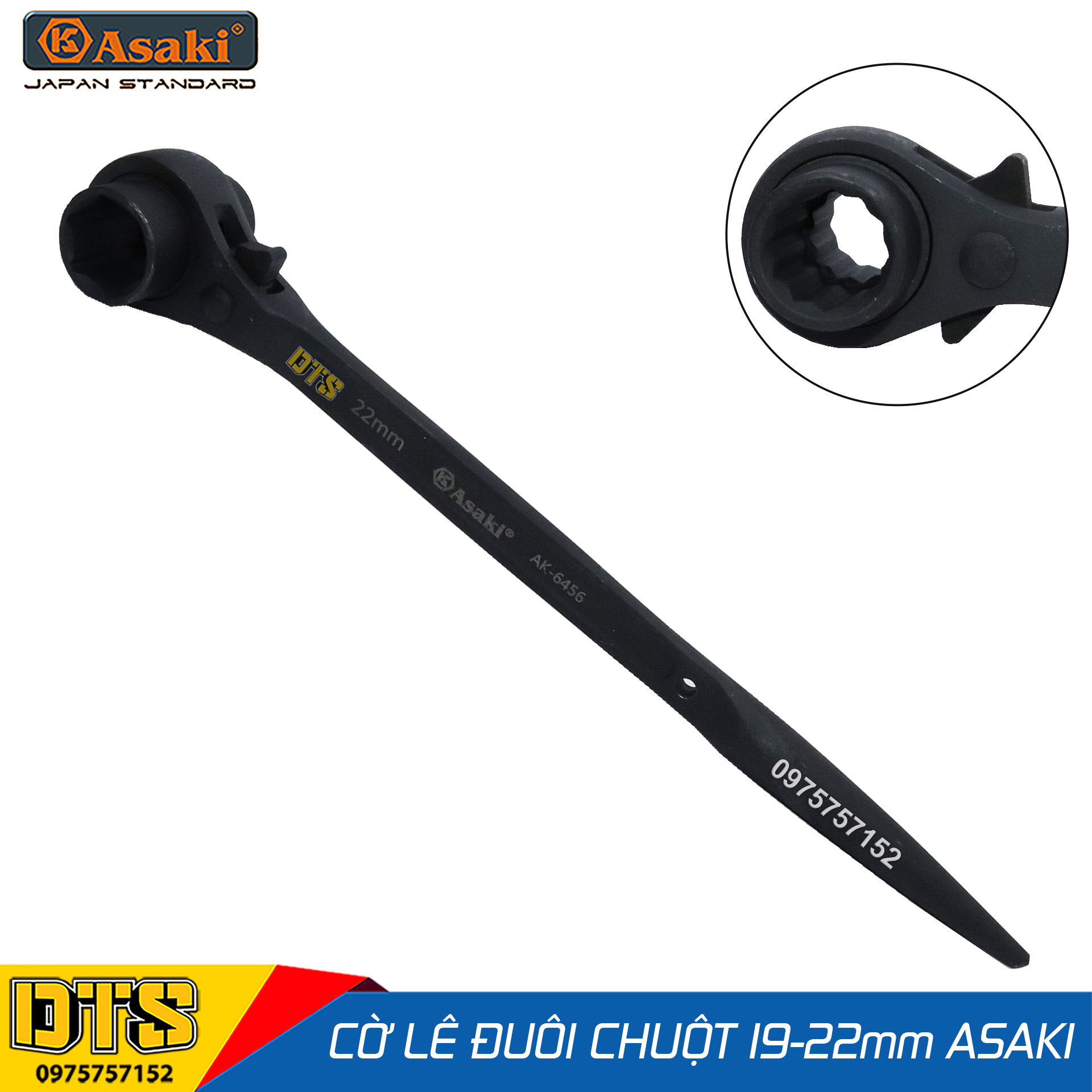 Cờ lê đuôi chuột cao cấp 19-22 mm Asaki AK-6456, cờ lê giàn giáo 2 đầu tuýp tự động thép Chrome Vanadium, công tắc đảo chiều, clê tuýp giàn giáo đa năng