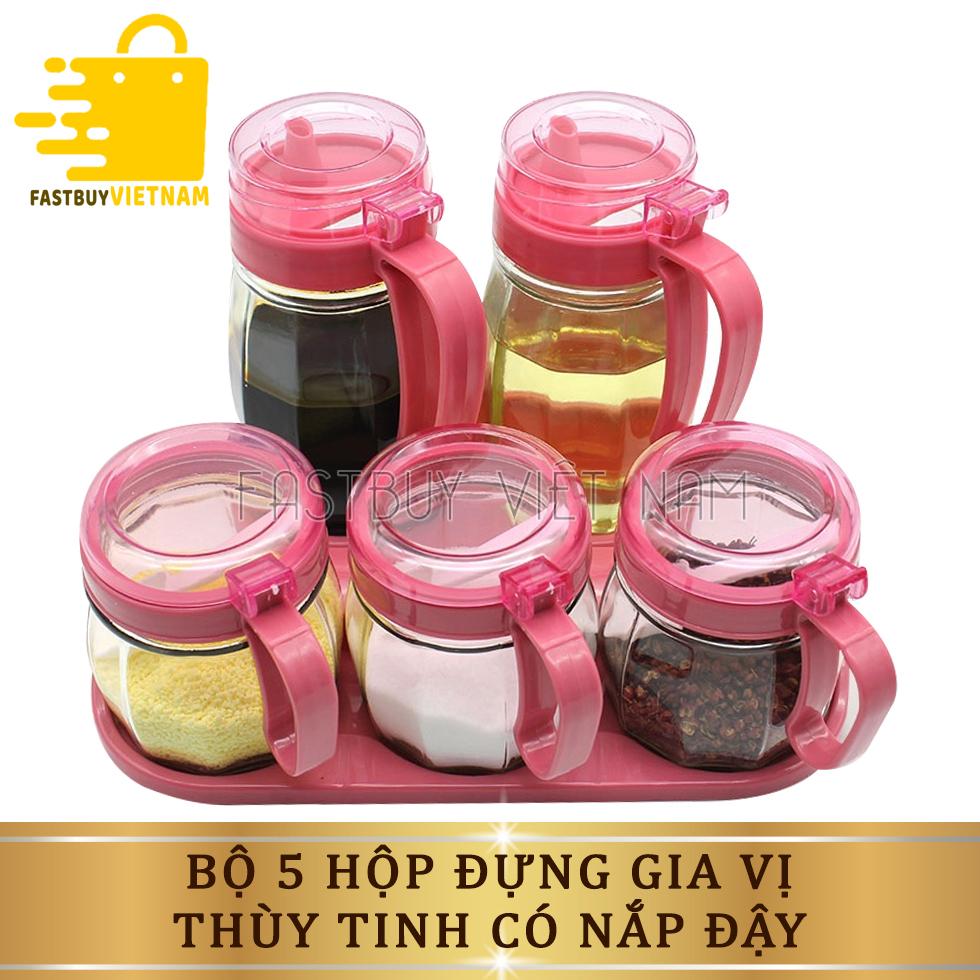 Bộ 5 lọ đựng gia vị có nắp đậy thiết kế tay cầm thủy tinh siêu bền, siêu tiện lợi