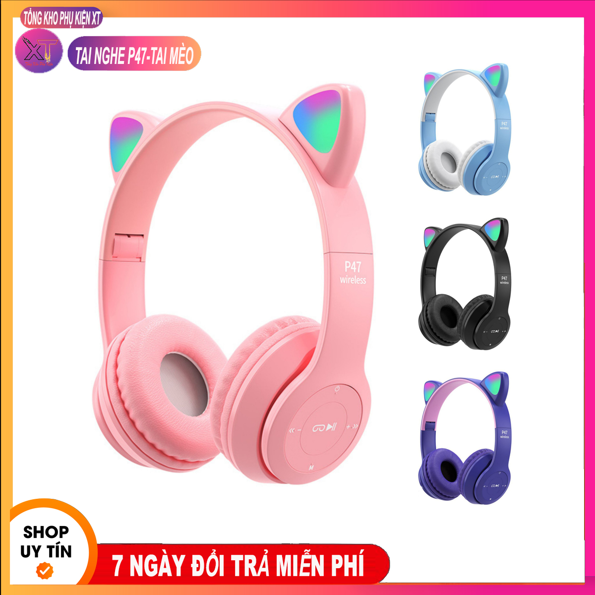 Tai Nghe Mèo Chụp Tai Bluetooth Không Dây P47M, Tai Mèo Dễ Thương Có Mic, Âm Bass Mạnh Mẽ Bảo Hành 12 Tháng