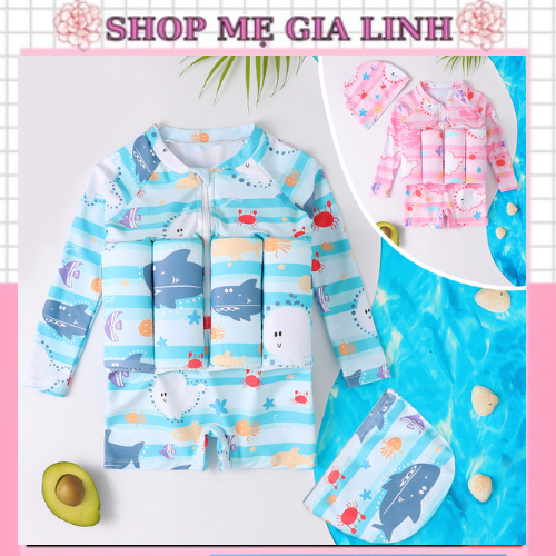 Bộ đồ bơi liền mảnh kèm phao in hình ngựa pony/ cá mập dễ thương cho bé trai bé gái