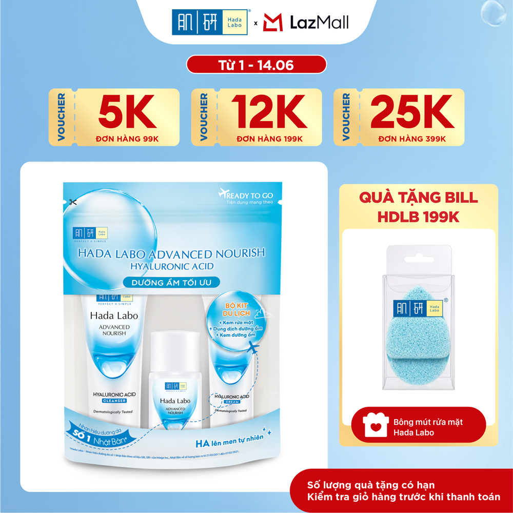 Bộ travel size dưỡng ẩm sâu Hada Labo Advanced Nourish Travel kit (Kem rửa mặt 15g + Dung dịch dưỡng 20ml + Kem dưỡng 12g)
