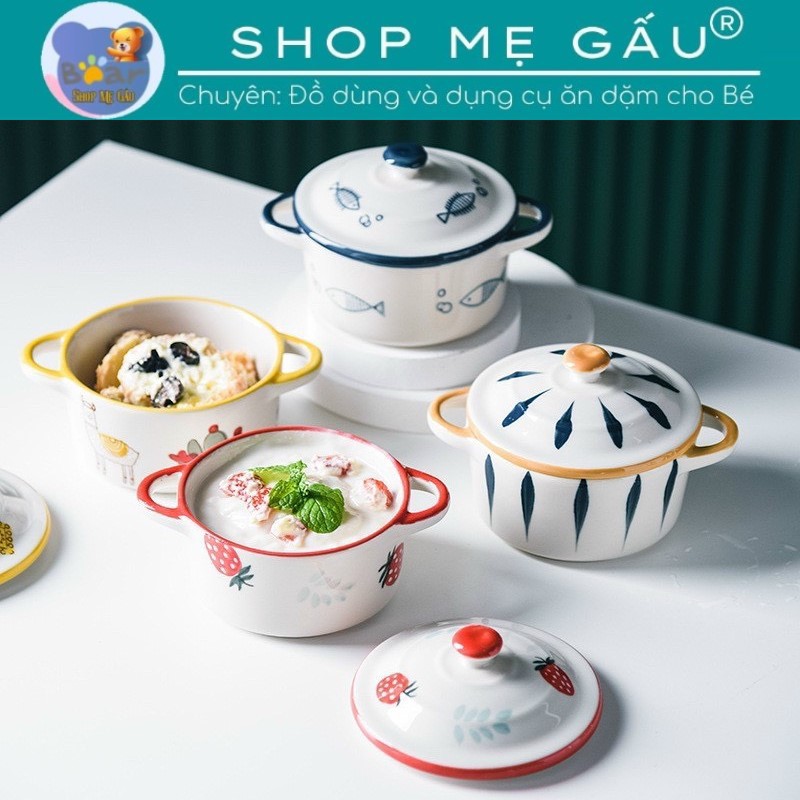 Bát ăn dặm cho bé có tay cầm, bát sứ ăn dặm kiểu nhật, họa tiết xinh xắn