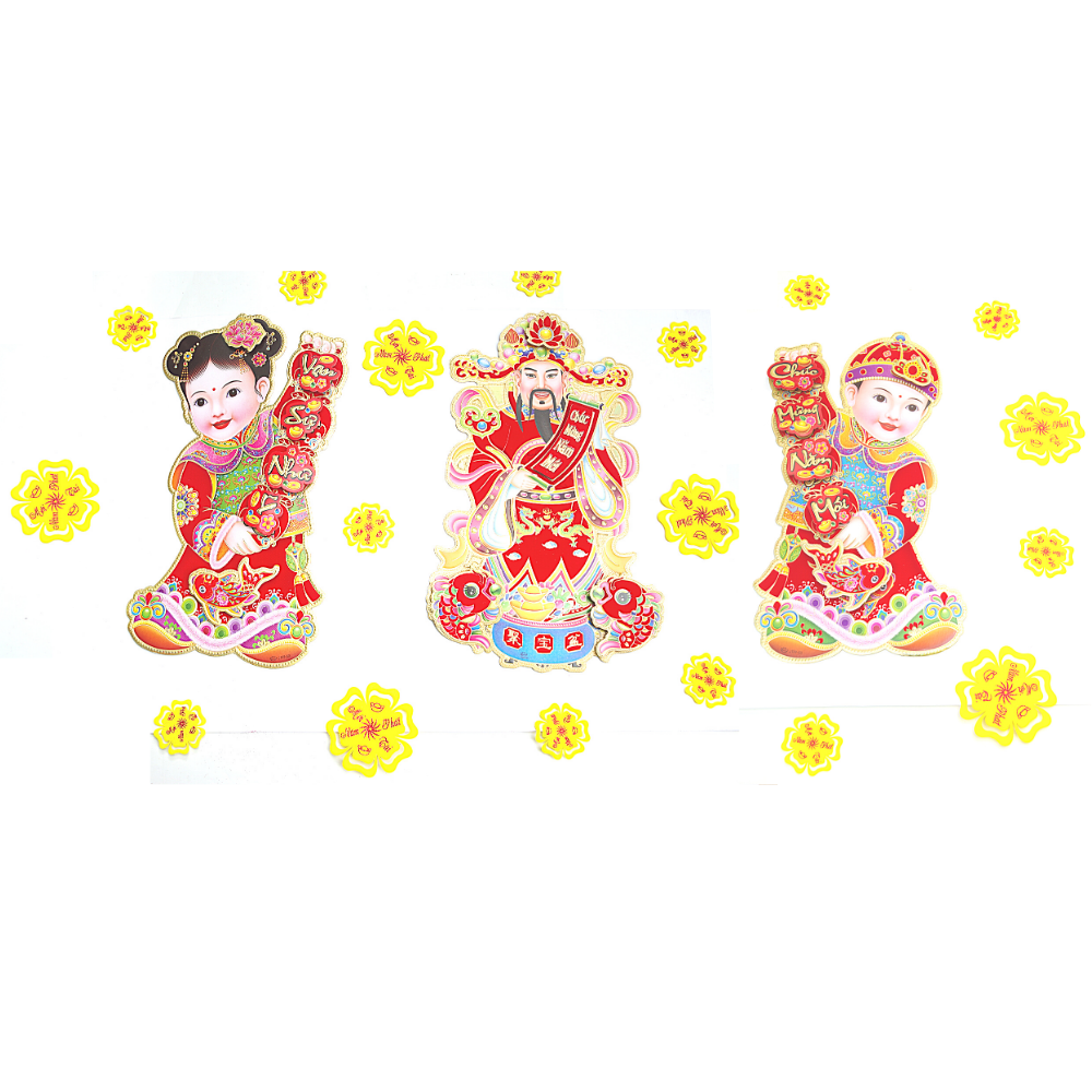 Combo Bộ Hình Dán Nổi Trang Trí Tết 2021 Ông Thần Tài Và Tiên Đồng Ngọc Nữ - (27x45cm) Kèm 18 Hình Dán Hoa Mai Dẻo Tặng 2 Decal Giấy Nhung Đỏ Lớn