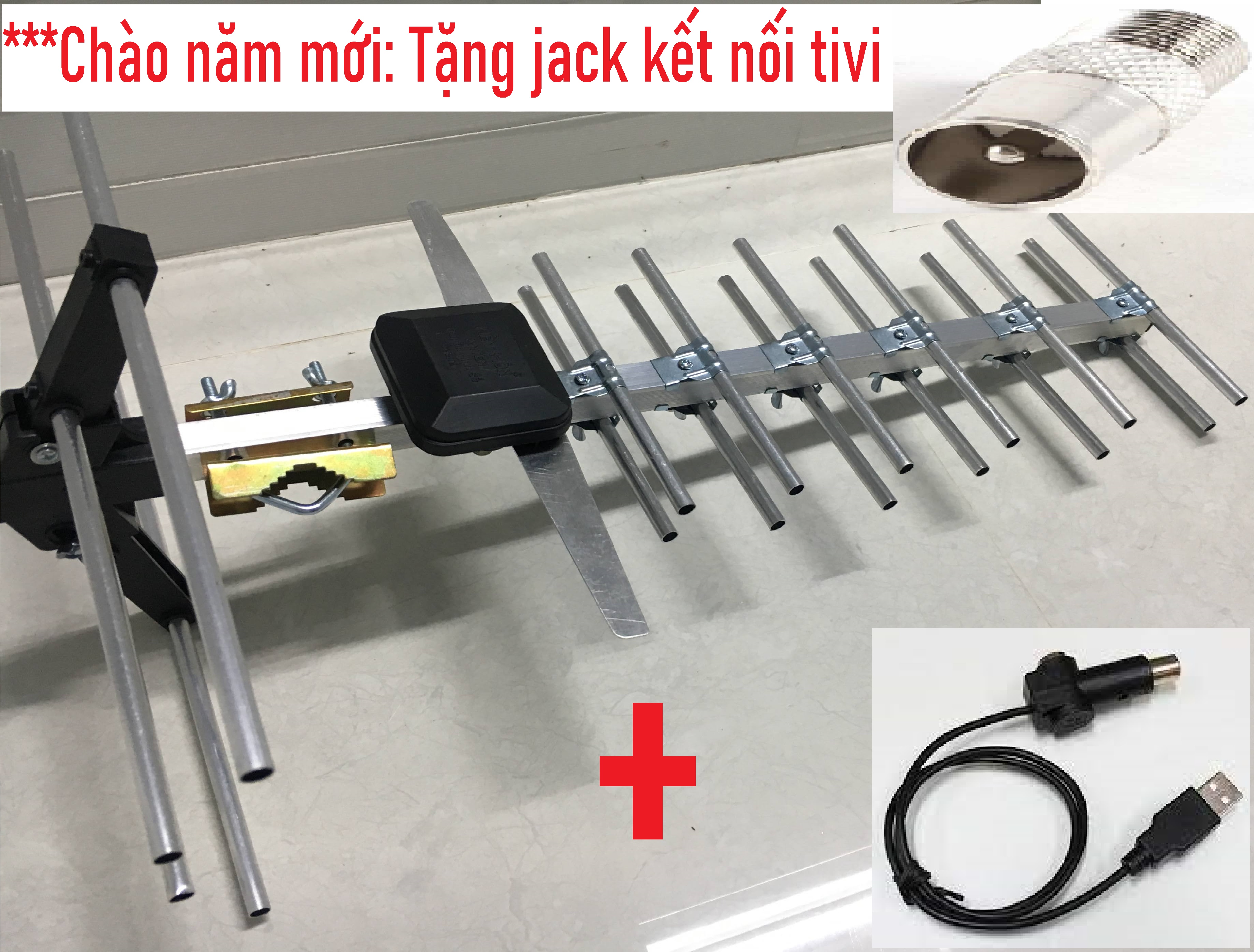 ANTEN TV MẶT ĐẤT DVBT2 (mạch khuếch đại 17 chấn tử thu sóng siêu khỏe) + Dây cấp nguồn 5V