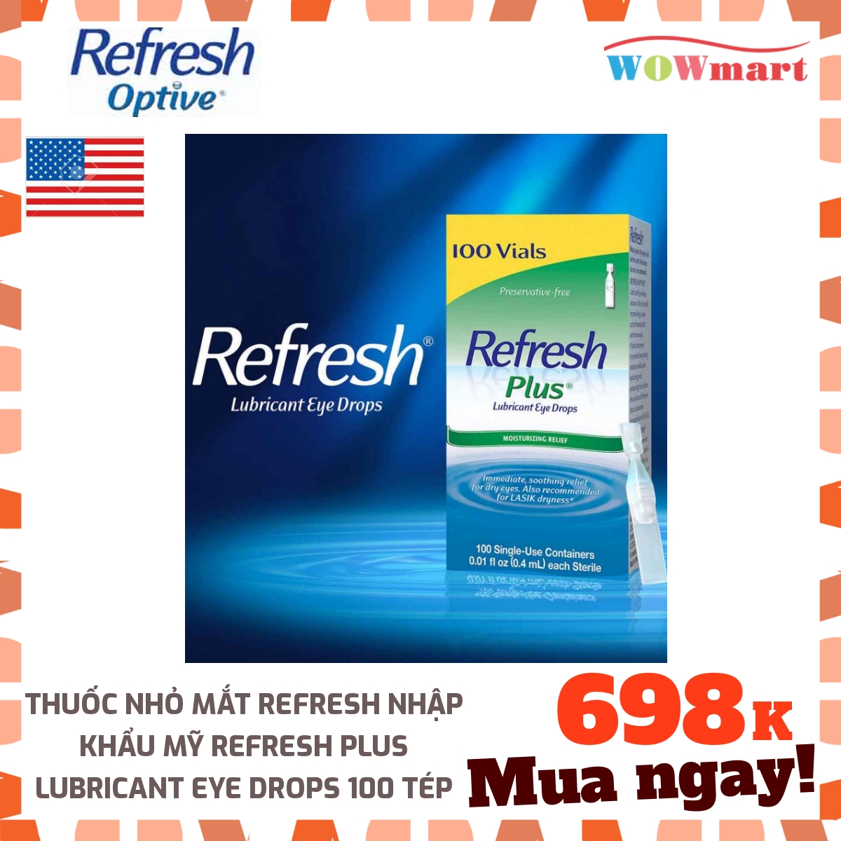 Nước nhỏ mắt Refresh Plus Lubricant Eye Drops 100 tép (dùng 1 lần) - MỸ