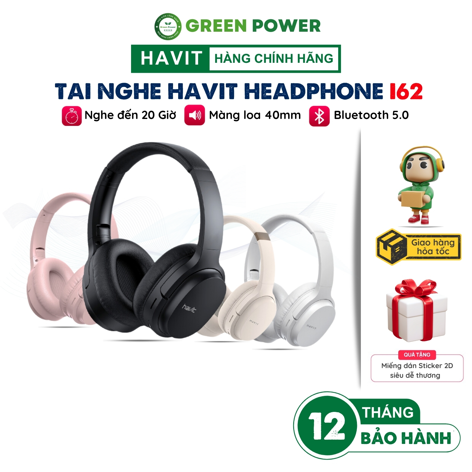 Tai Nghe Bluetooth Không Dây HAVIT i62 Driver 40mm, BT 5.0, Nghe Đến 8H, Gập Gọn 90 độ, Thiết Kế On-ear - Chính Hãng Bảo Hành 12 Tháng