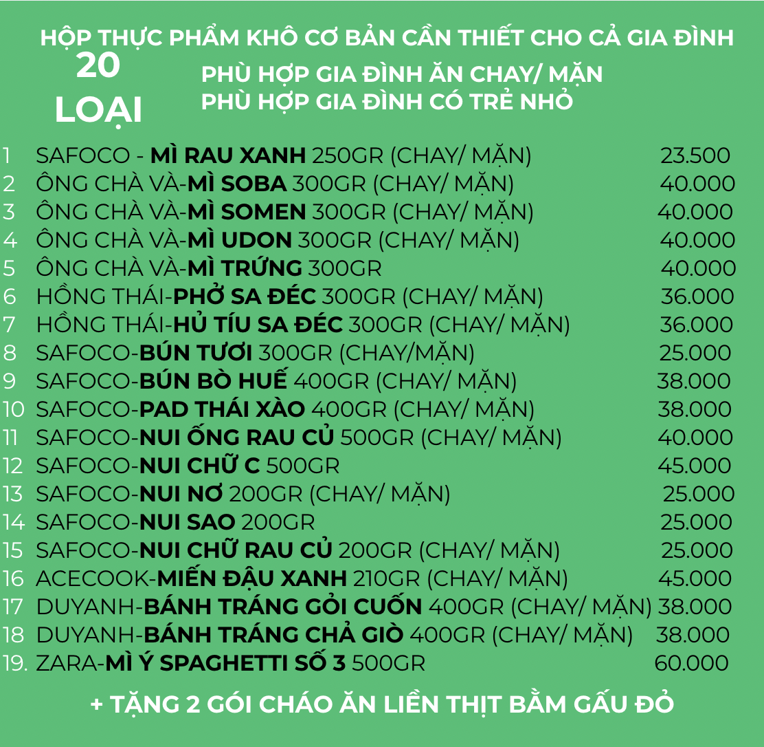 Hộp 20 loại thực phẩm khô cần thiết cho cả nhà (chay/ mặn)