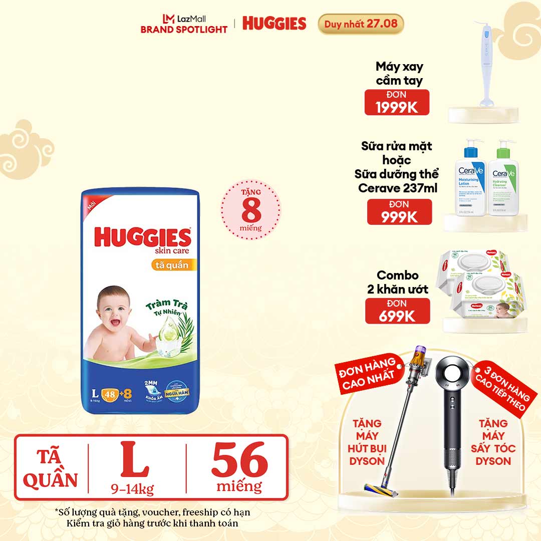 Tã/bỉm quần huggies skincare gói big jumbo size l48+8 miếng