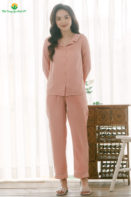 Bộ pyjama nữ thu đông việt thắng, quần dài, áo dài tay, chất lụa - b50.2111