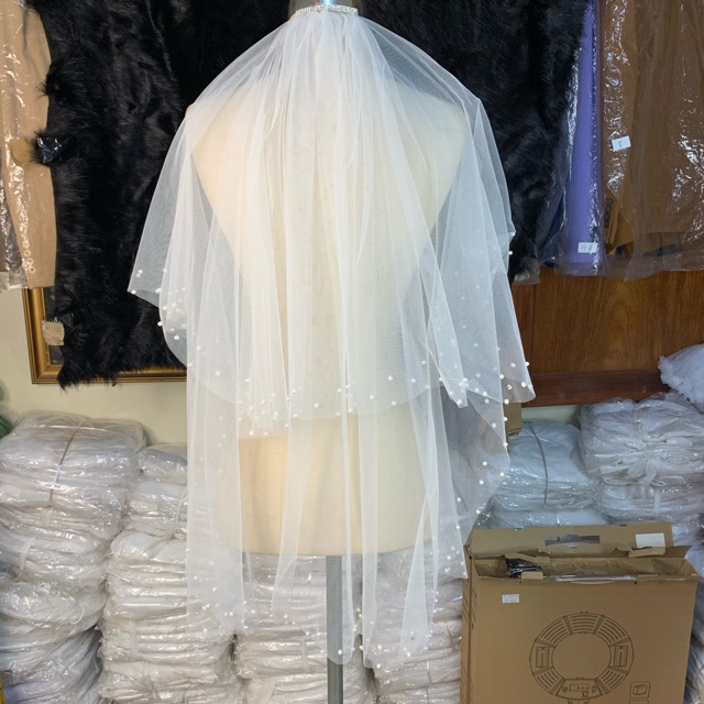 [HCM]Voan cài tóc cô dâu đính hạt viền dài 80cm .