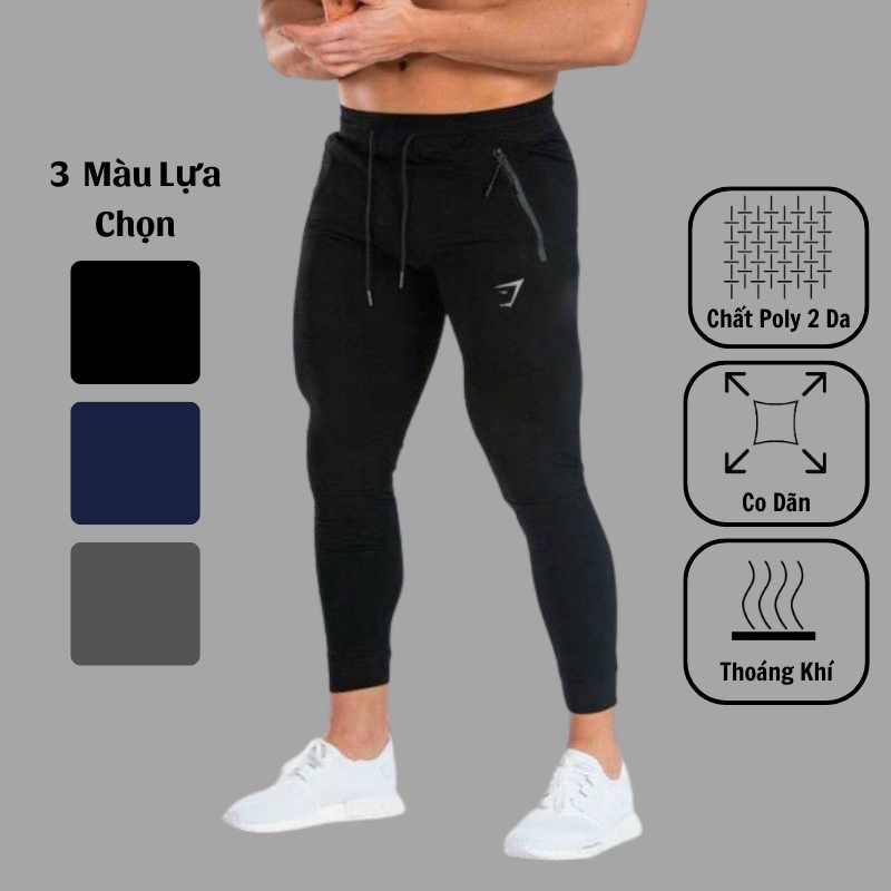 Quần dài thể thao nam, quần dài jogger chất poly 2 da gymshark
