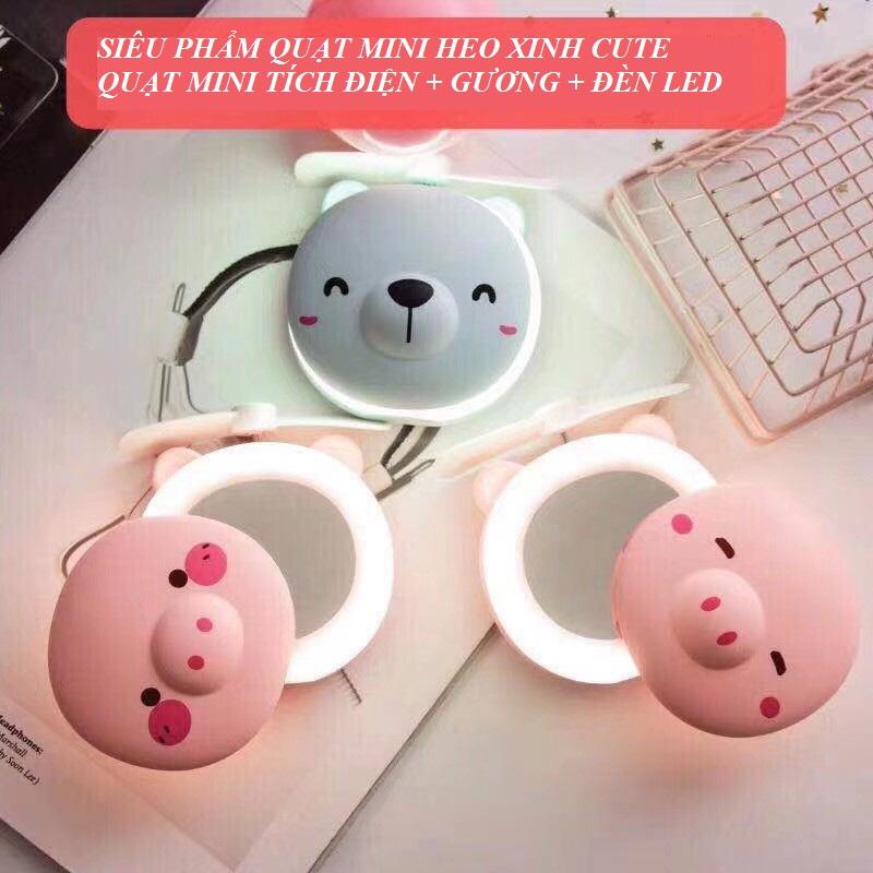 Quạt cầm tay hình con heo 3in1 (Fan+Led+Gương) siêu cute, quạt mini tích điện