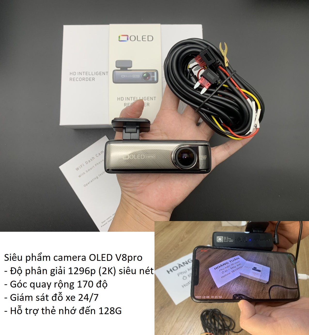 Camera hành trình OLED V8pro wifi 2K (1296p) giám sát đỗ xe 24/7 góc rộng 170 độ app tiếng Việt