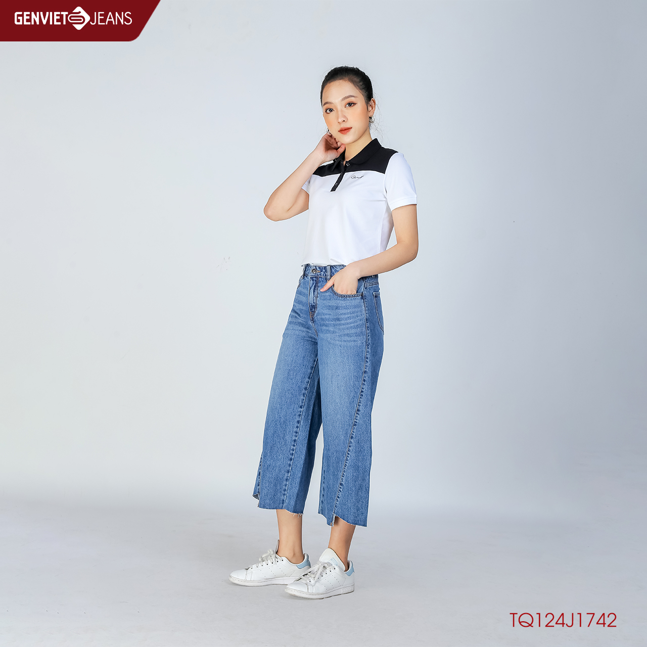 Quần dài jeans nữ ống suông tq124j1742 genviet