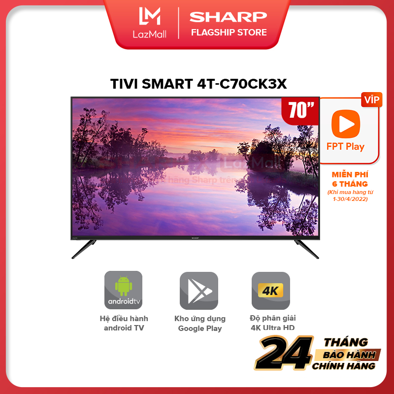 TV LED 4K Ultra HD 70 inch Sharp 4T-C70CK3X Hàng Malaysia  [Android 10.0 Google Play Netflix Tìm Kiếm Giọng Nói] - Hàng Chính Hãng Bảo Hành 24 tháng"