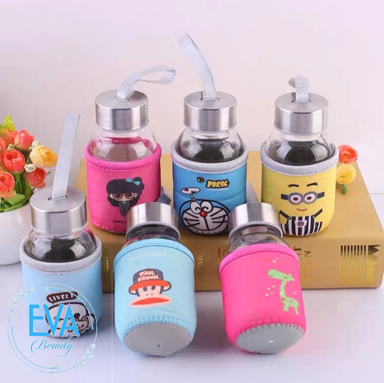 Bình Đựng Nước Thuỷ Tinh Mini Nắp Dây Xách 150 Ml Có Vỏ Bọc Vải Giữ Nhiệt In Hoạ Tiết M3040