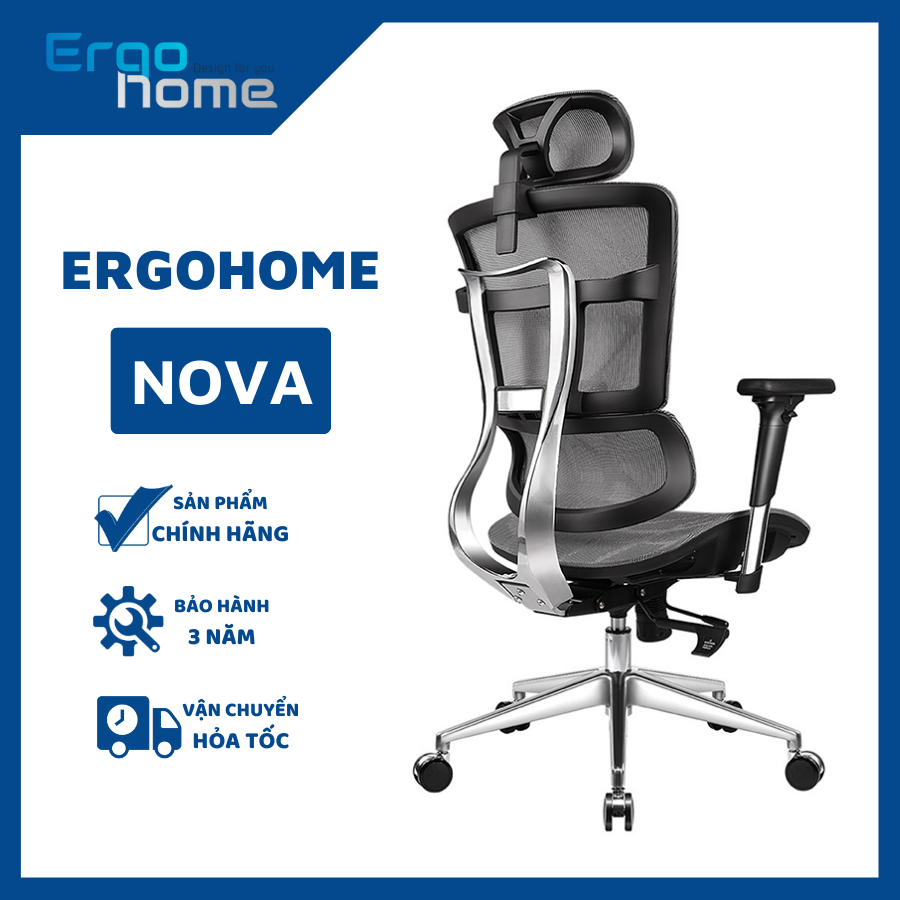 Ghế Nova làm việc văn phòng thiết kế công thái học ghế lưới Ergonomic, điều chỉnh lưng bảo vệ cột sống, khung kim loại chắc chắn, lưới 2 lớp chịu lực tốt, ngả sâu 125 độ, bảo hành 3 năm - ERGOHOME