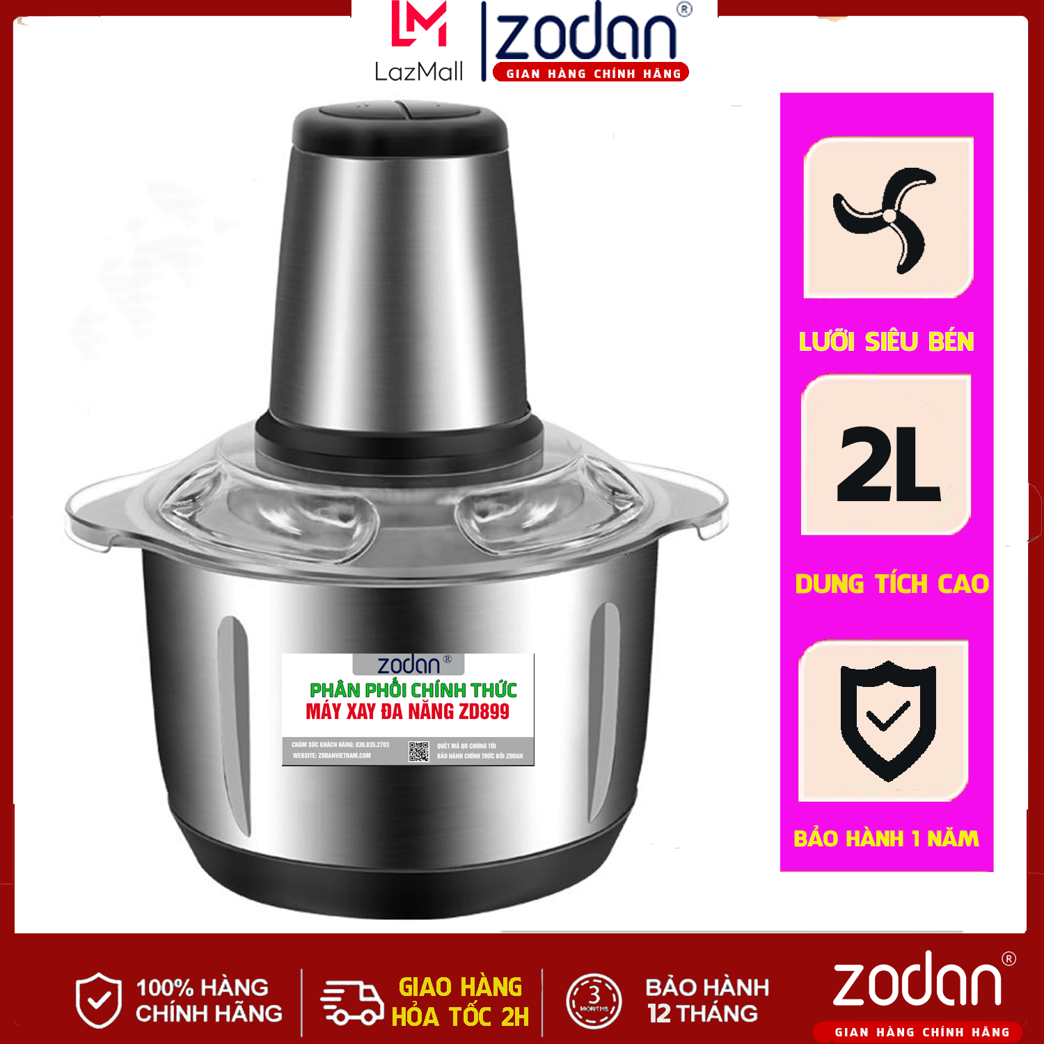  FREESHIP MAX - Máy Xay Thịt Đa Năng Cối xay thịt 304 Máy xay đa năng ăn dặm cho bé Dung tích 2L 4 Lưỡi dao bằng thép ZODAN Máy xay sinh tố máy xay ăn cối xay máy xay tỏi ớt máy xay cua - ZODAN Corporation 