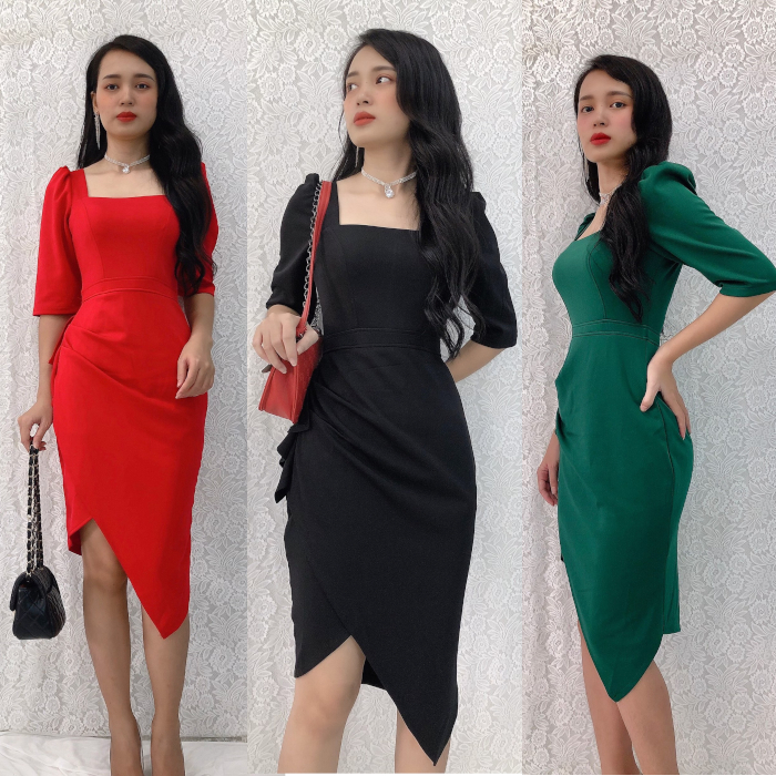 [HCM]Đầm ôm dự tiệc Misa Fashion cổ vuông tùng nhún bèo sang trọng, tôn dáng MS0123