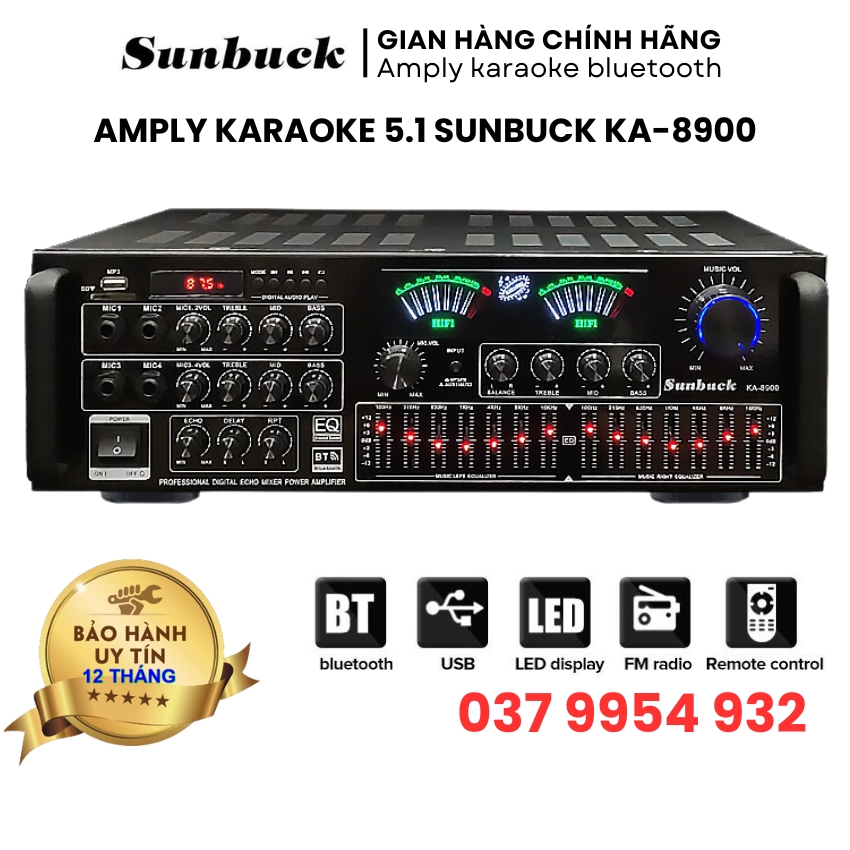 Amply karaoke bluetooth công suất lớn 1000W Sunbuck KA-8900, amply karaoke gia đình âm thanh siêu đỉnh, amply bluetooth 8 sò lớn chất lượng âm thanh hay công suất lớn, amply đa kênh có đài FM