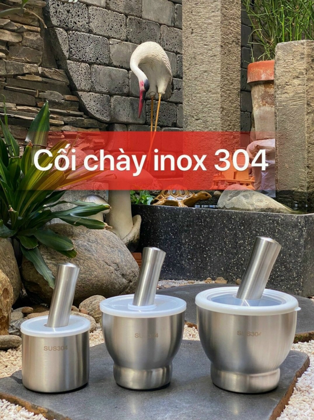 Bộ chày cối Cao Cấp Inox 304 có nắp nhựa đậy 3 Size 10cm-12,7cm-15cm