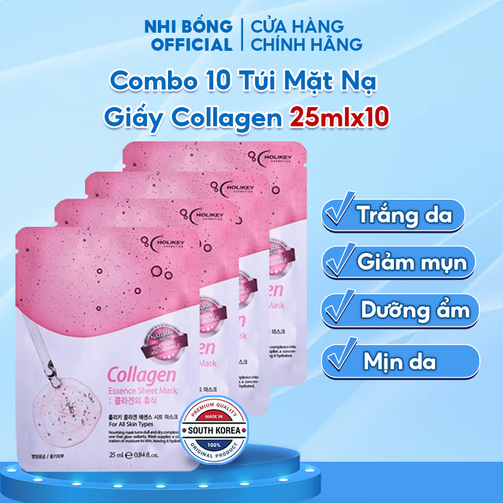 Hộp 10 Túi Mặt Nạ Giấy Collagen HOLIKEY Hàn Quốc dưỡng trắng da dưỡng ẩm & mềm mịn da  25mlx10