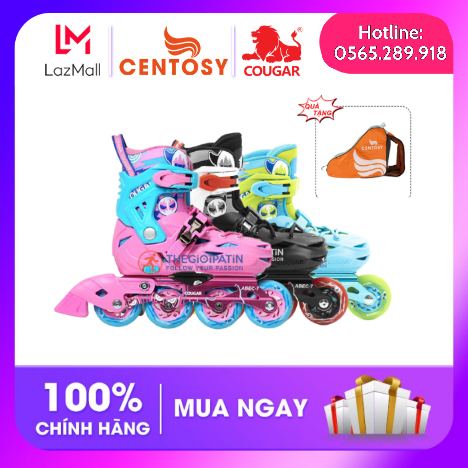 Giày Patin Cougar Pro (3 màu) Đen, Xanh, Hồng - Tặng Kèm Túi Đựng Giày Hoặc Bảo Hộ Xịn